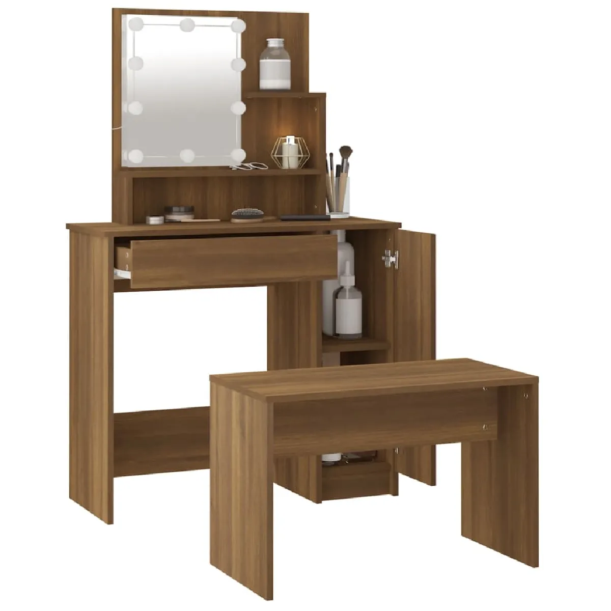 vidaXL Ensemble Coiffeuse avec LED - Chêne Marron