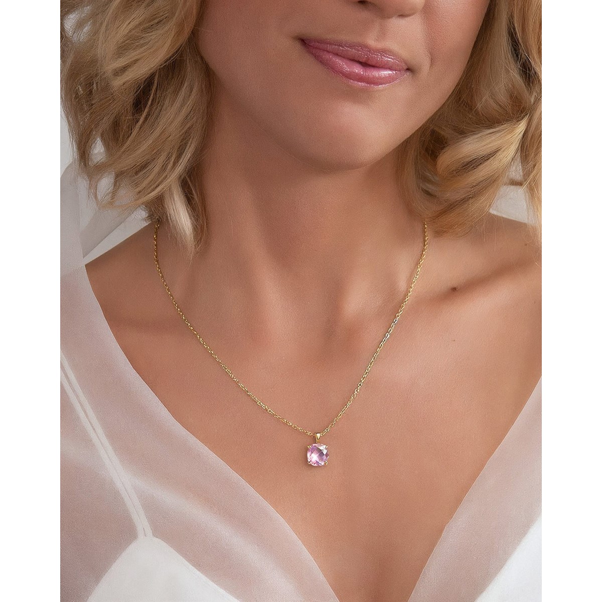 Collier Pendentif Quartz Rose Facetté serti Argent 925 doré à l'or fin 18 carats | Aden