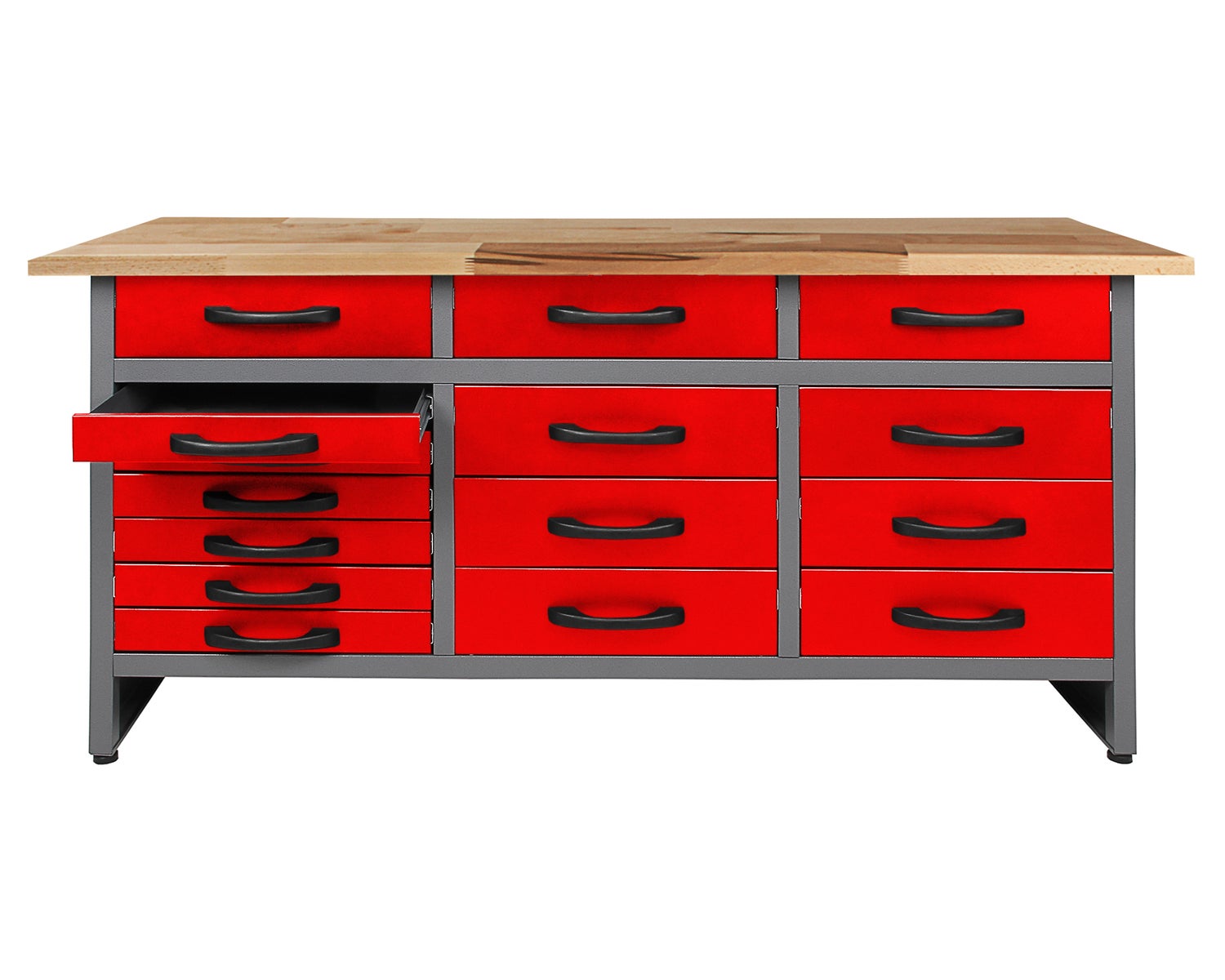 Ondis24 Konny werkbank, 160 cm, rood, 15 laden, werkplaatsuitrusting