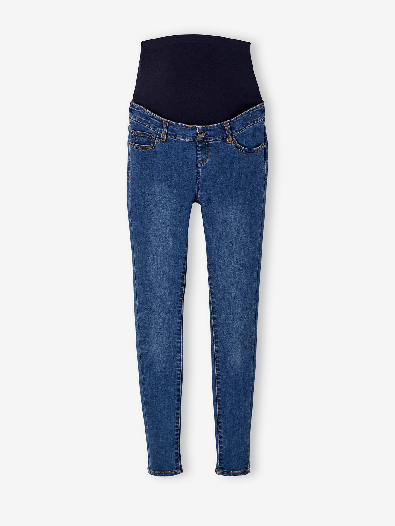 Calça jeans skinny de gestante com cós sem costura, azul escuro liso
