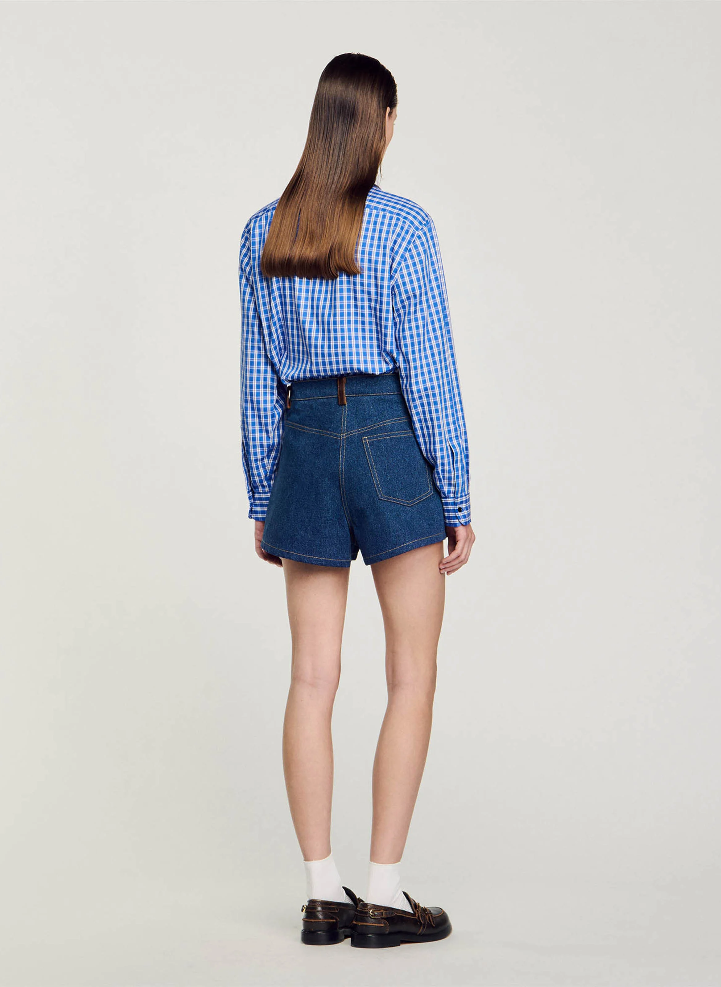 Short en jean détails en cuir | Bleu