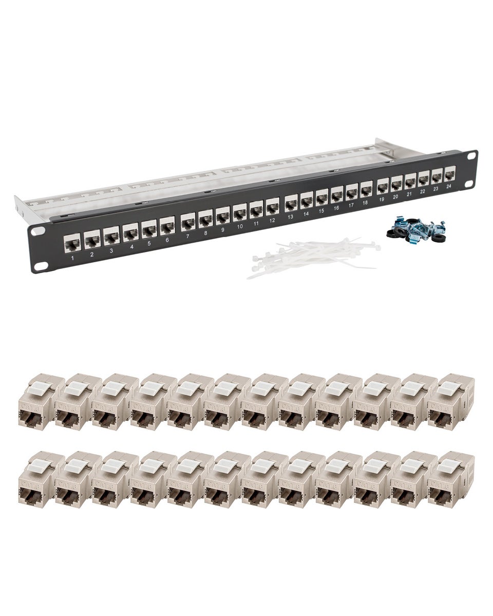 Patchpaneel met 24 poorten, 1U 19 inch, inclusief 24x Cat. 8.1 Keystone-modules, RJ45-aansluitingen, 40 Gbps STP, volledig afgeschermd, voor AWG22-24 installatiekabels (Cat. 7a, Cat. 7, Cat. 6, Cat. 6a). Netwerkpatchpaneelset.