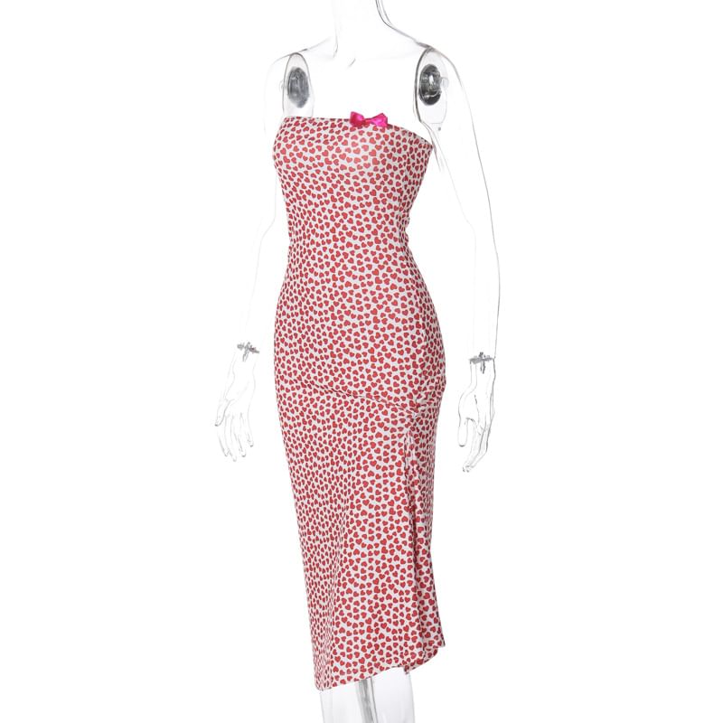 Puffields - Strapless hartprint asymmetrische strik accent split midi kokerjurk