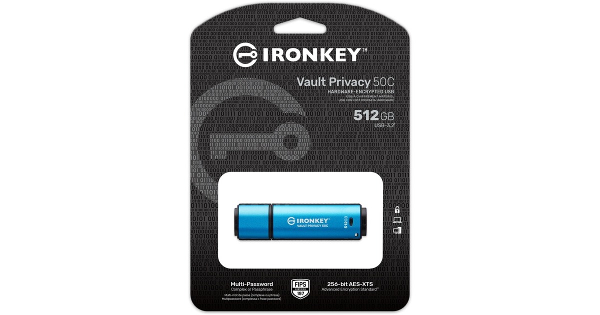 KingstonIronKey Vault Privacy 50 512 GB usb-stick  (Lichtblauw/zwart, USB-C 3.2 Gen 1)