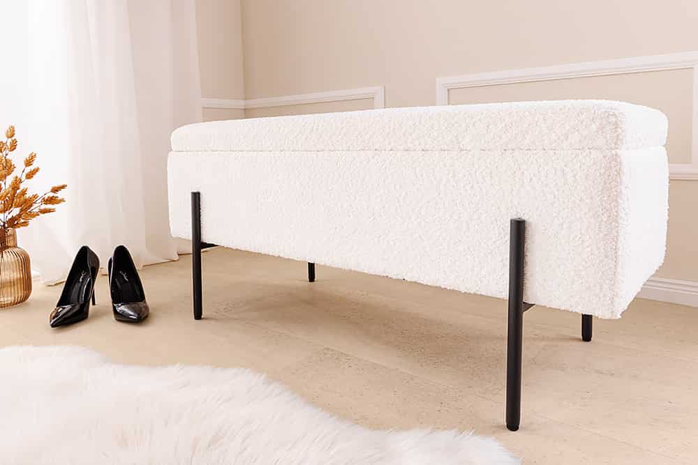 Moderne Truhenbank LOFT 100cm weiß Bouclé Sitzbank mit Stauraum gepolstert schwarz Metall