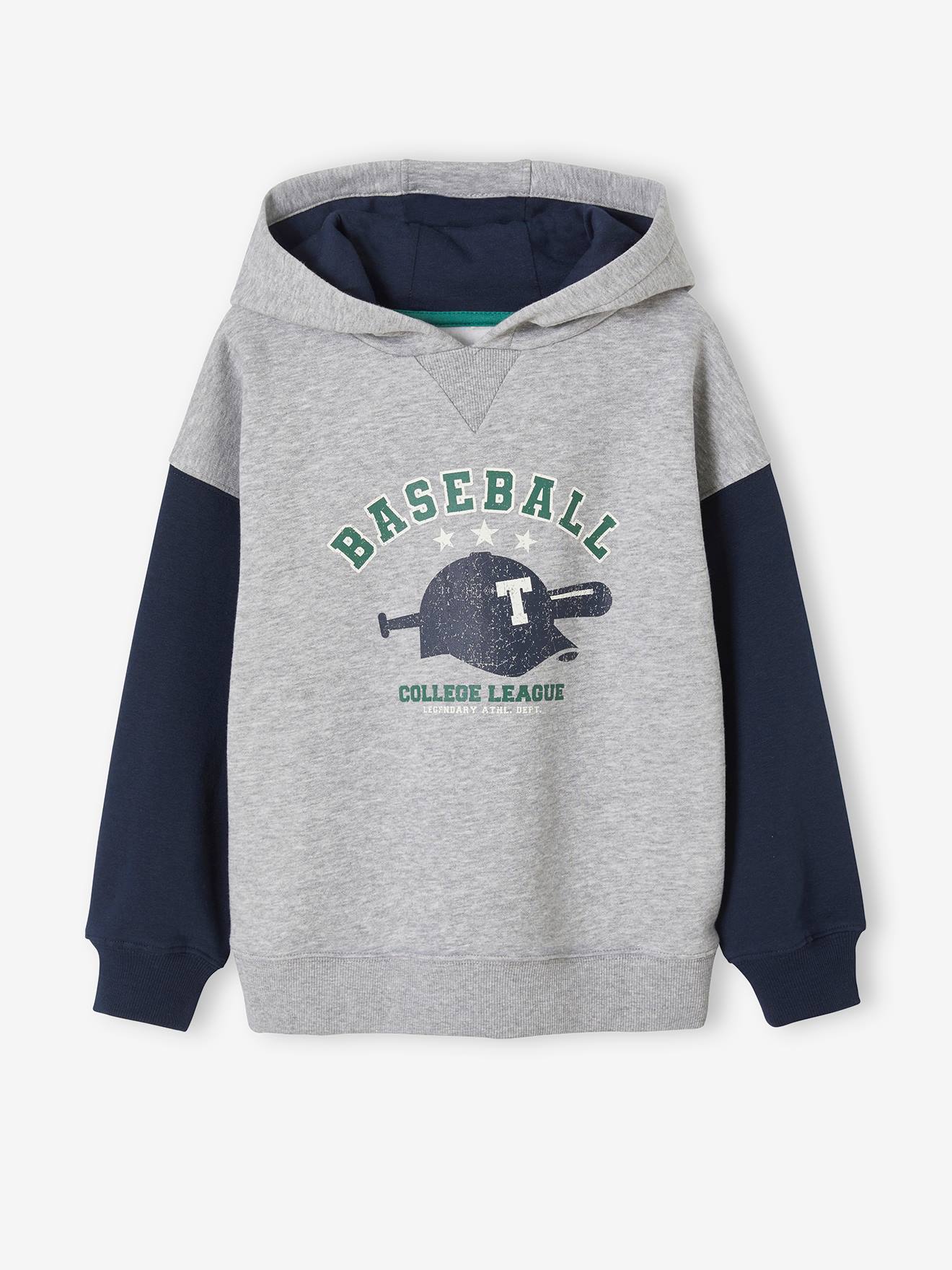 Moletom infantil tamanho médio cinza mesclado estilo beisebol com mangas contrastantes.
