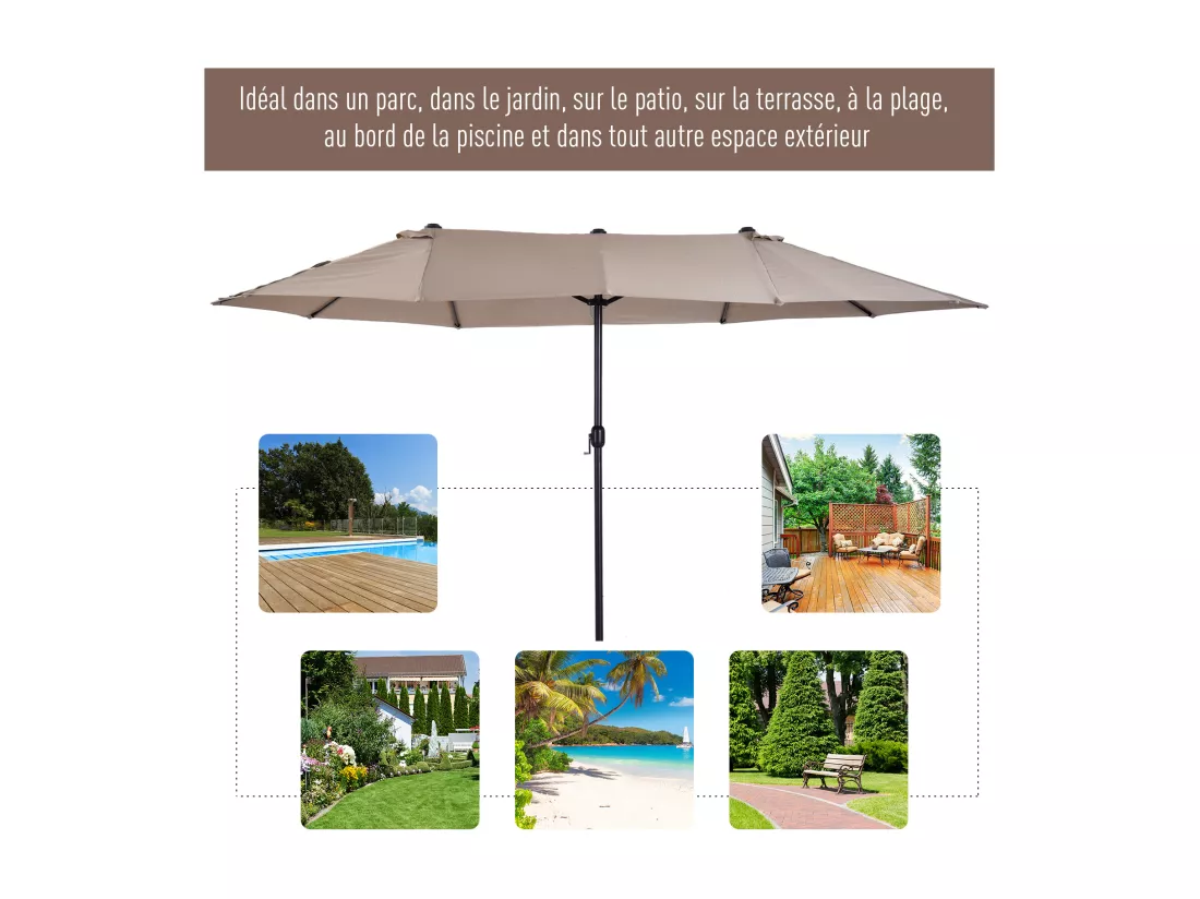 Parasol de jardin XXL parasol grande taille 4,6L x 2,7l x 2,4H m ouverture fermeture manivelle acier polyester haute densité marron