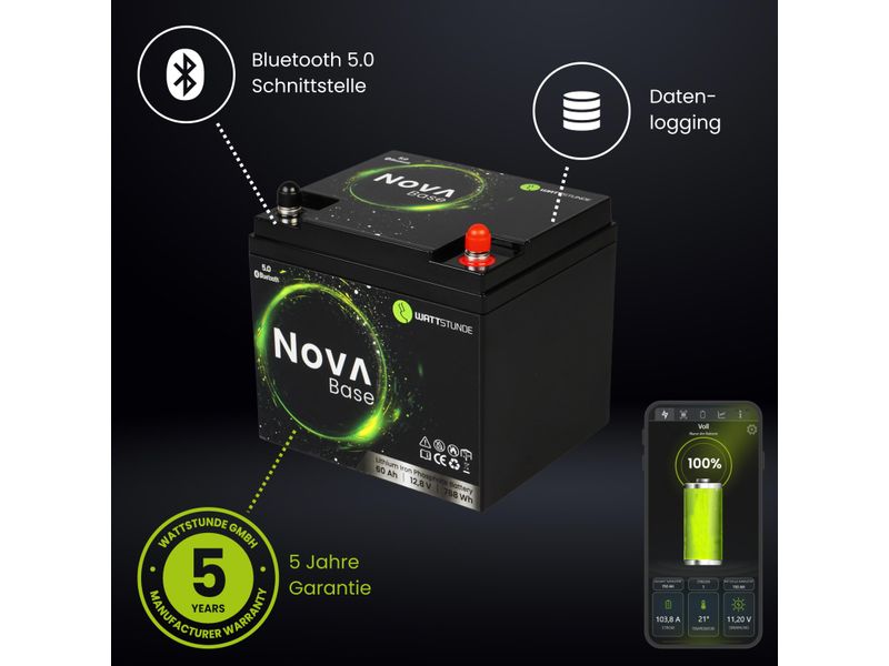WATTSTUNDE Batterie NOVA Base 60 Ah LiFePO4 Batterie mit langer Lebensdauer