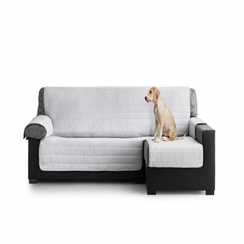 Capa acolchoada para chaise longue com chaise à direita, na cor cinza claro.
