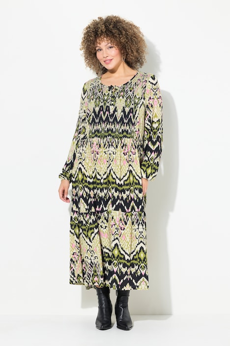 Midikleid, gesmokt, A-Linie, Rundhals, Langarm