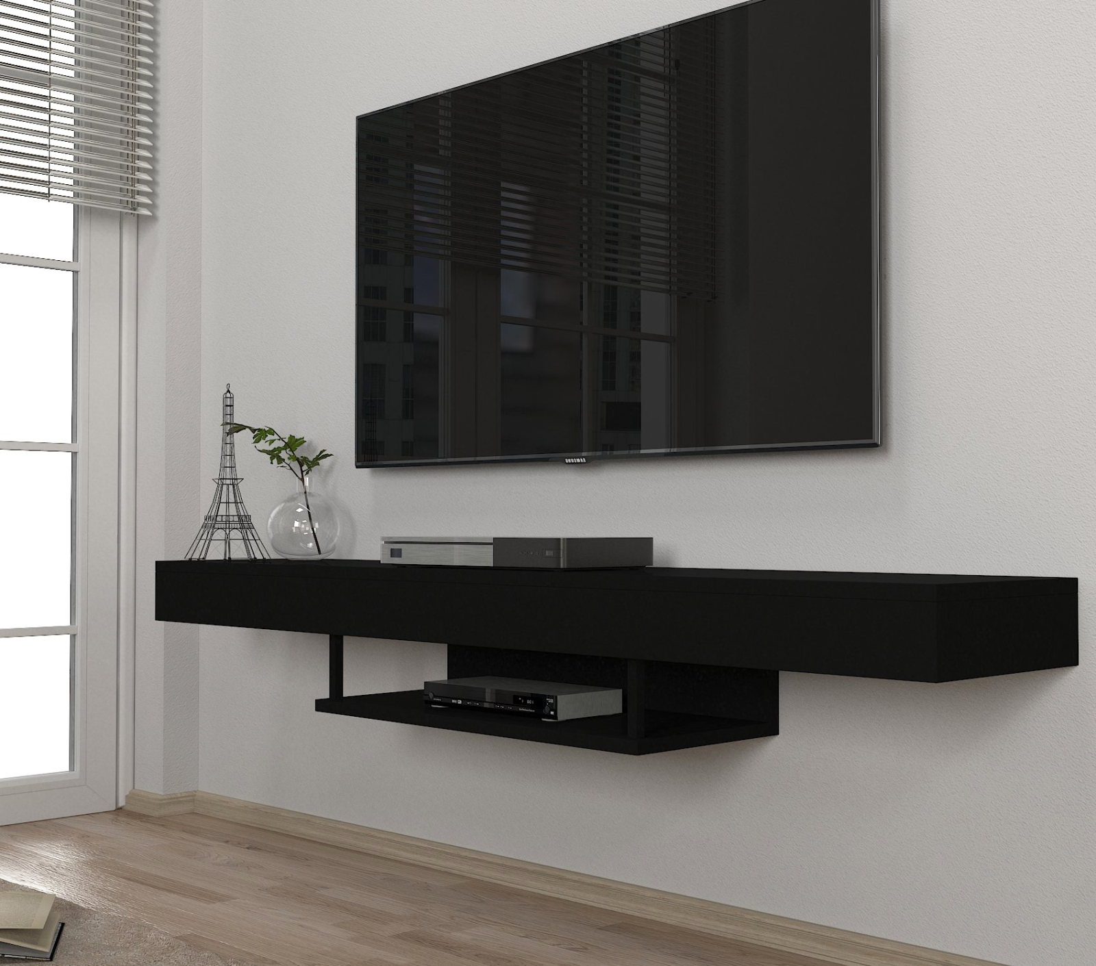 TV-Lowboard - schwarz - hängend mit Ablage - 150 cm