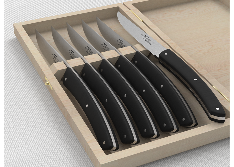 Service de 6 couteaux de table LE THIERS® avec un manche en bois d'ébène et lame en acier inoxydable