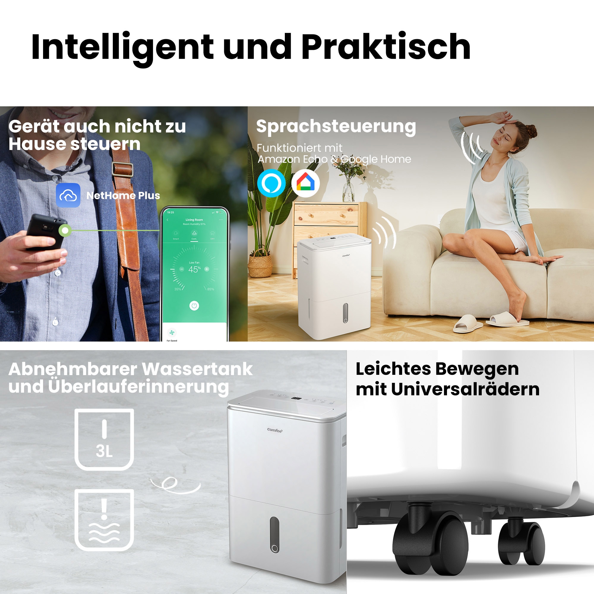comfee Luftentfeuchter »»Easy Dry 20« geeignet für Räume mit bis zu 52 m²« Entfeuchtung 20 l/Tag Tank 3 l mit Trocknermodus, App -und Sprachsteuerung