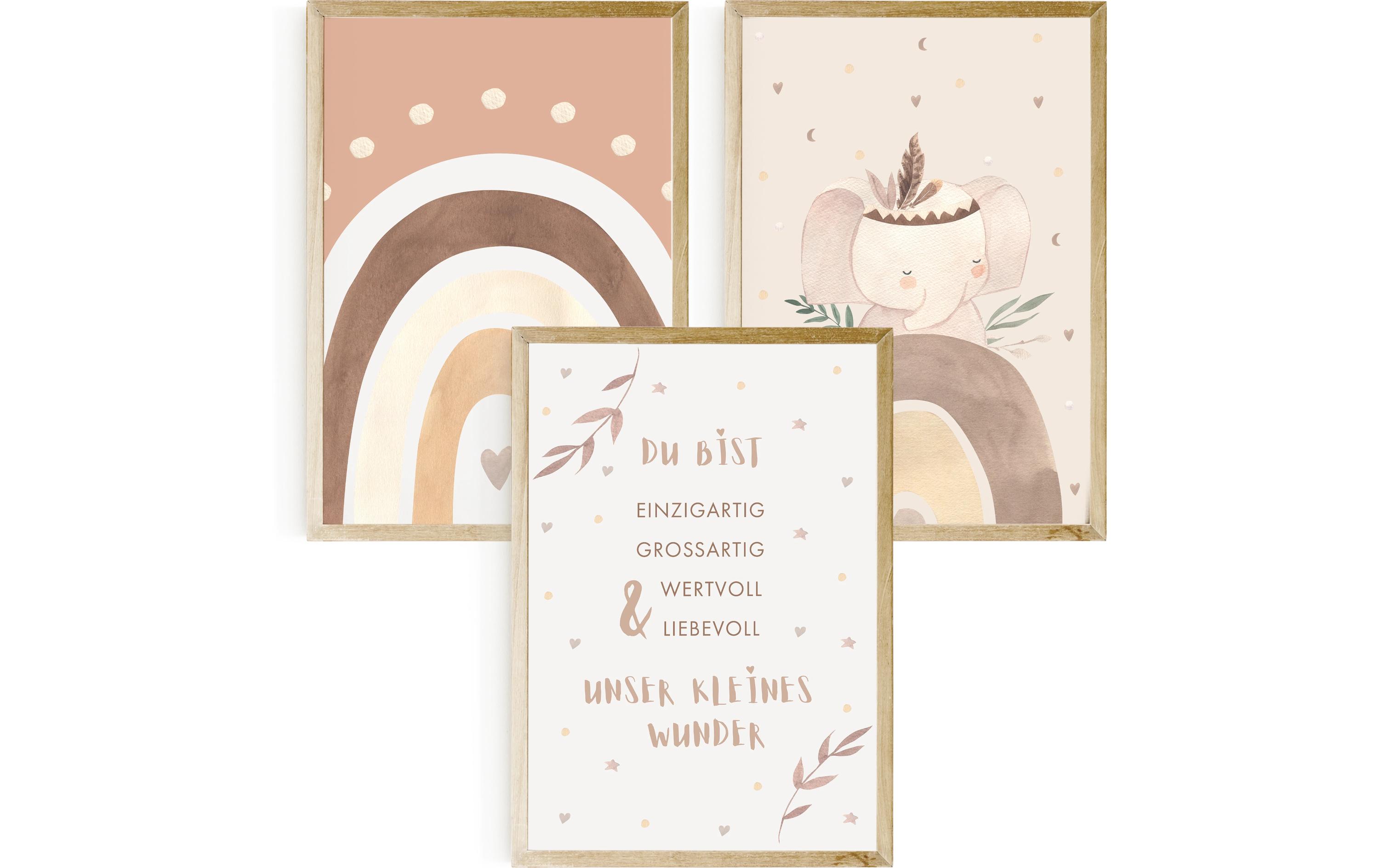 Posterset Elefant 3 Stk.Babyposter «Elefant, Regenbogen, Spruch»