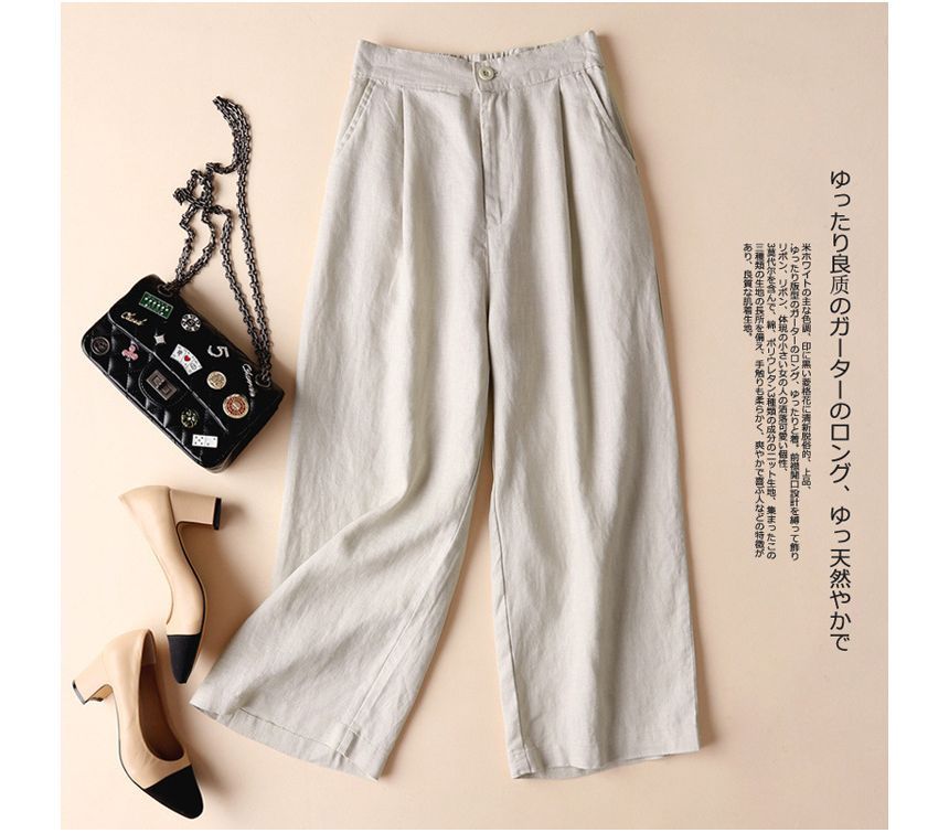 INEN - Effen linnen cropped broek met elastische taille en wijde pijpen