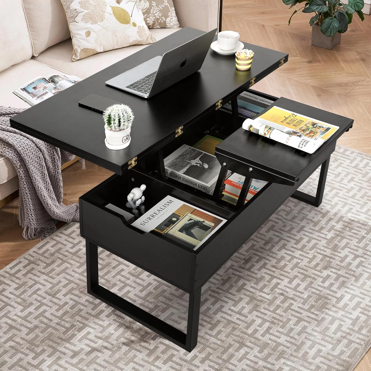 VOWNER Couchtisch Höhenverstellbar, 3-in-1-Multifunktions-Wohnzimmertisch mit Versteckter Aufbewahrung, Couchtisch Umwandelbar in Wohnzimmer-Esstisch, Schwarz mit Holzmaserung