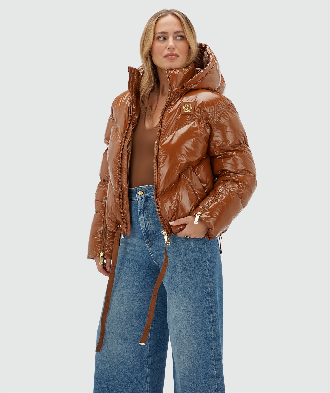JV-BRENNA oversized puffer coat in laklook - cognac lak