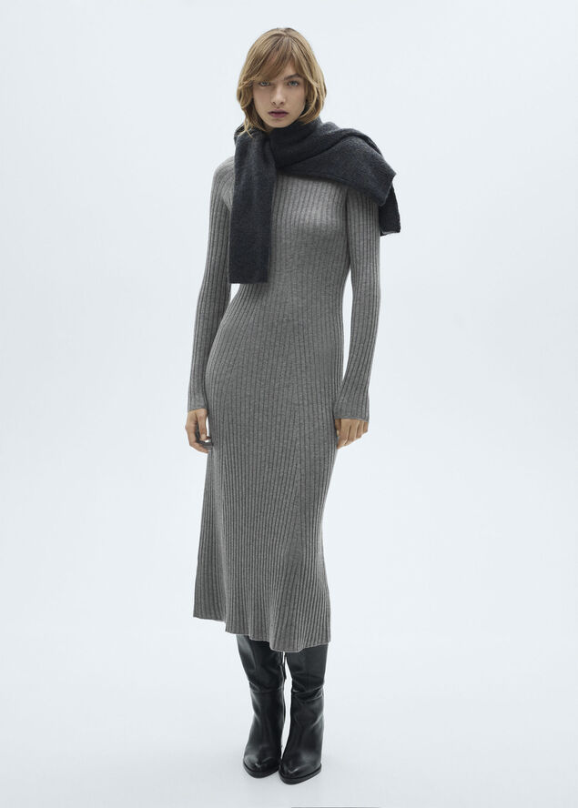 MANGO Flared knit dress with perkins coll Medium grey