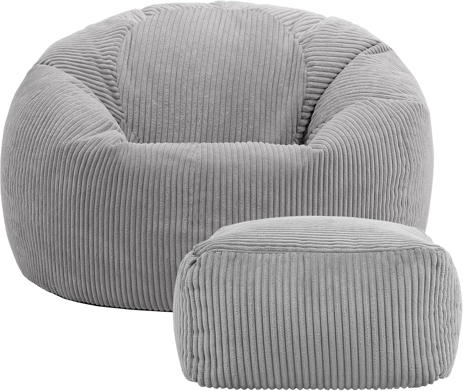 Icon Kingston Sitzsack mit Hocker Cord, Grau, Sitzsack Erwachsene mit Füllung, Bean Bag, Cord Sessel, Lounge Sessel, Lounge Stuhl, Schlafzimmer, Wohnzimmer, Wohnzimmer Möbel