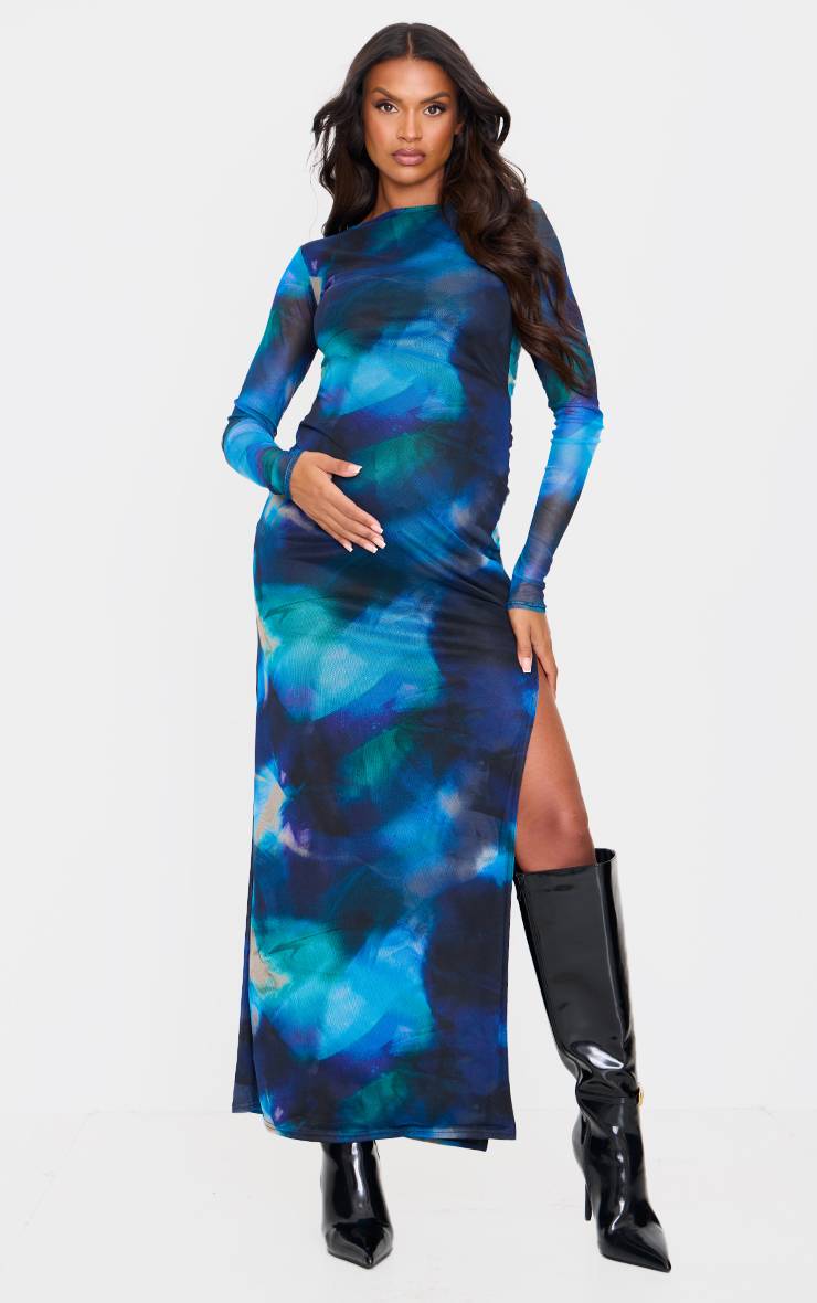 Robe Maxi Longue En Mesh Imprimé À Manches Longues De Maternité