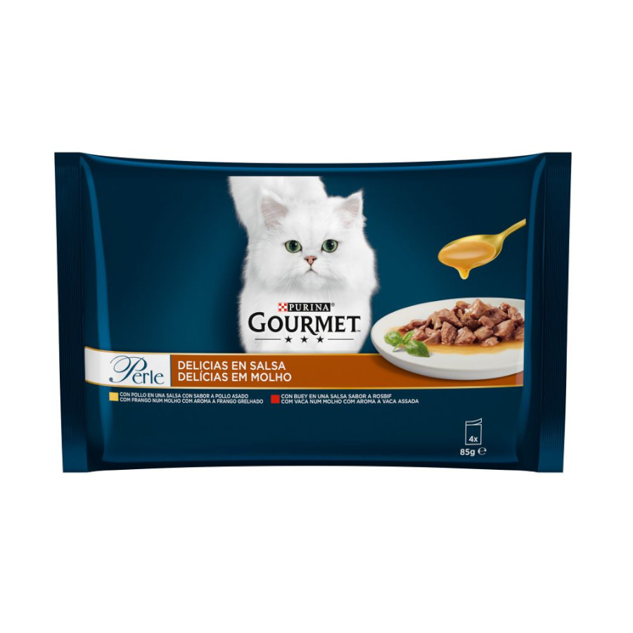 Filés de frango e carne bovina gourmet Perle ao molho, sachê para gatos