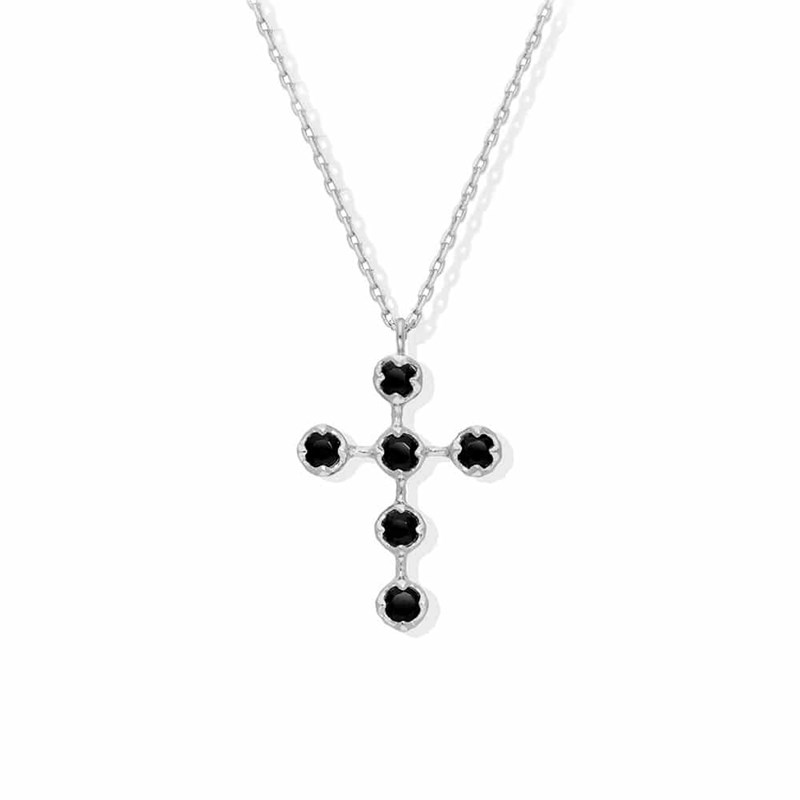 Collier Argent Rhodié Croix Antique Spinelle Noire
