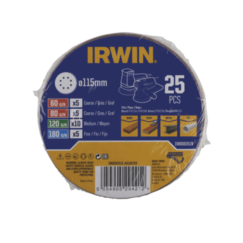 Irwin schuurschijf rond Ø115 mm zelfhechtend K60/K80/K120/K180, 25 stuks