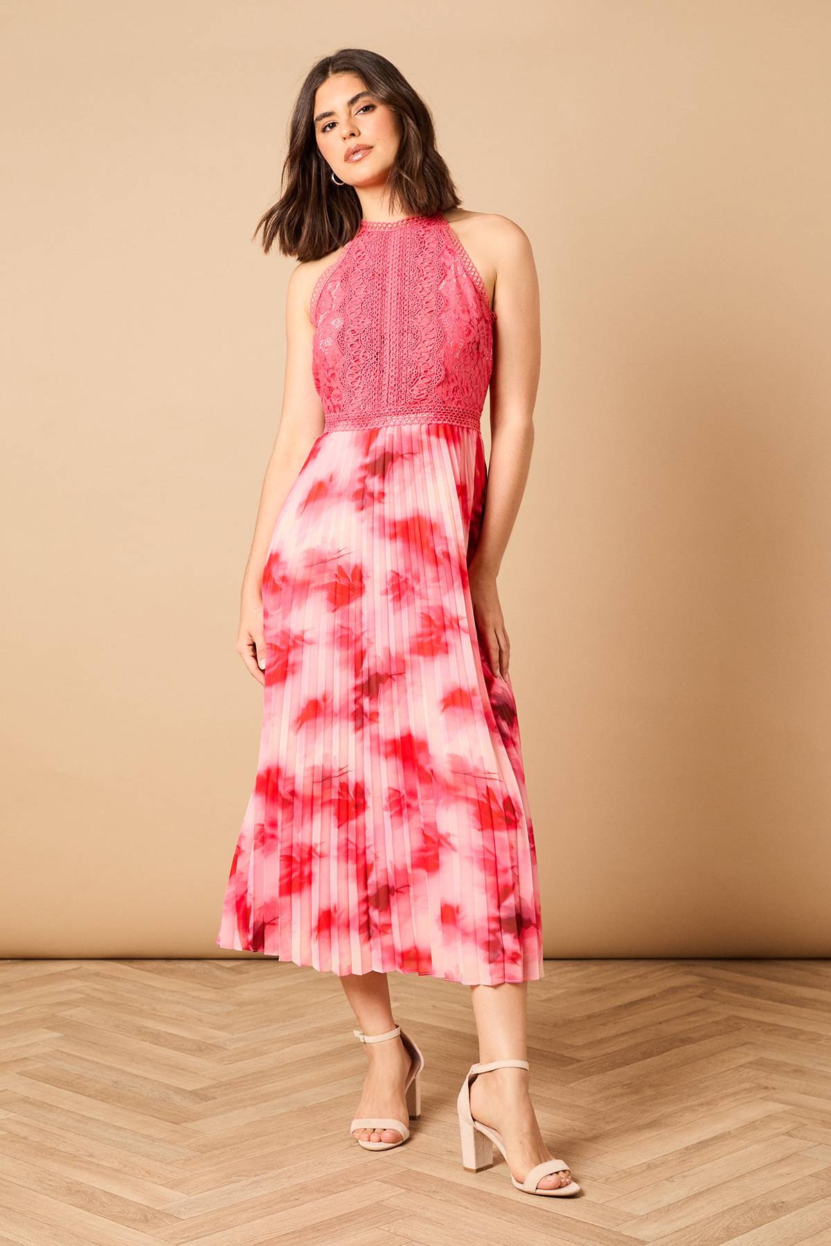 Oasis Robe Mi-Longue Imprimée à Col Halter en Dentelle