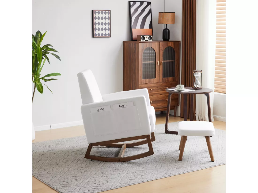 Rocking chair avec repose-pieds - en velours - Blanc