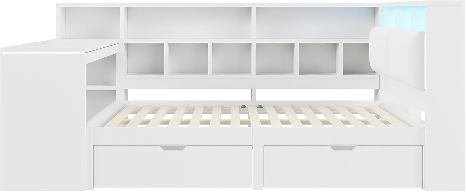 Kebnor L-förmiges Holz-Plattformbett mit Schreibtisch und Bücherregal, Eck-Kapitänsbett mit gepolstertem Kopfteil, Schubladen unter dem Bett, LED-Licht - Weiß (140x200cm)