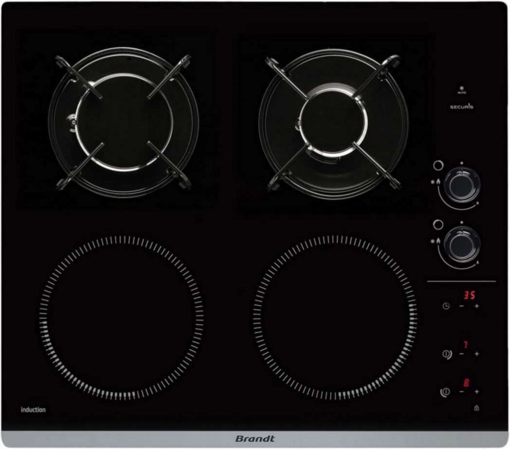 Brandt - BPI6413BM - Plaque de cuisson induction et gaz - Noir - 4 feux - 3400 W électrique et 4600 gaz - Dimensions encastrables : 56 x 49 cm - 9 positions par foyer - Fabriqué en France