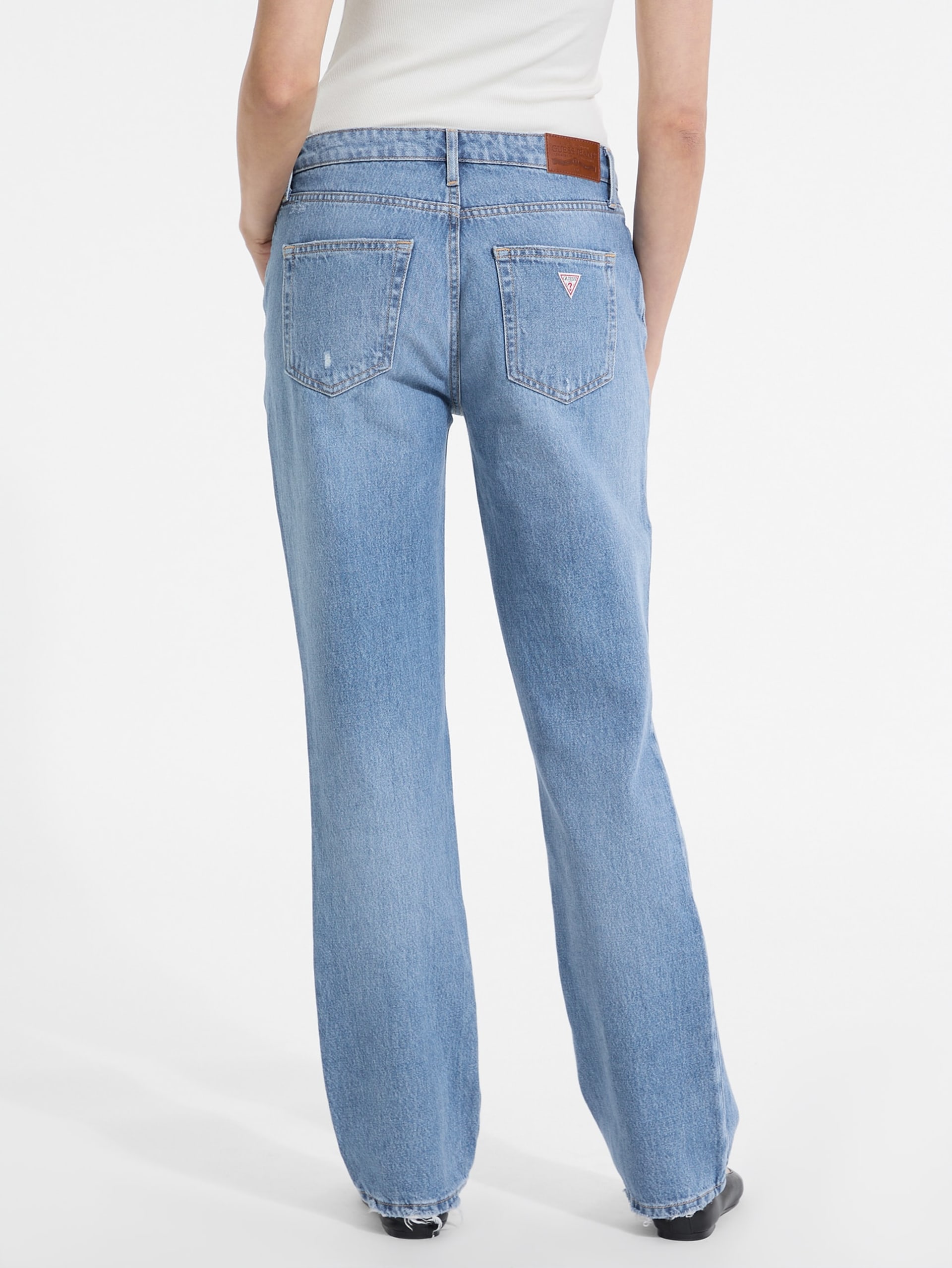 Calça jeans reta desgastada de cintura média G08