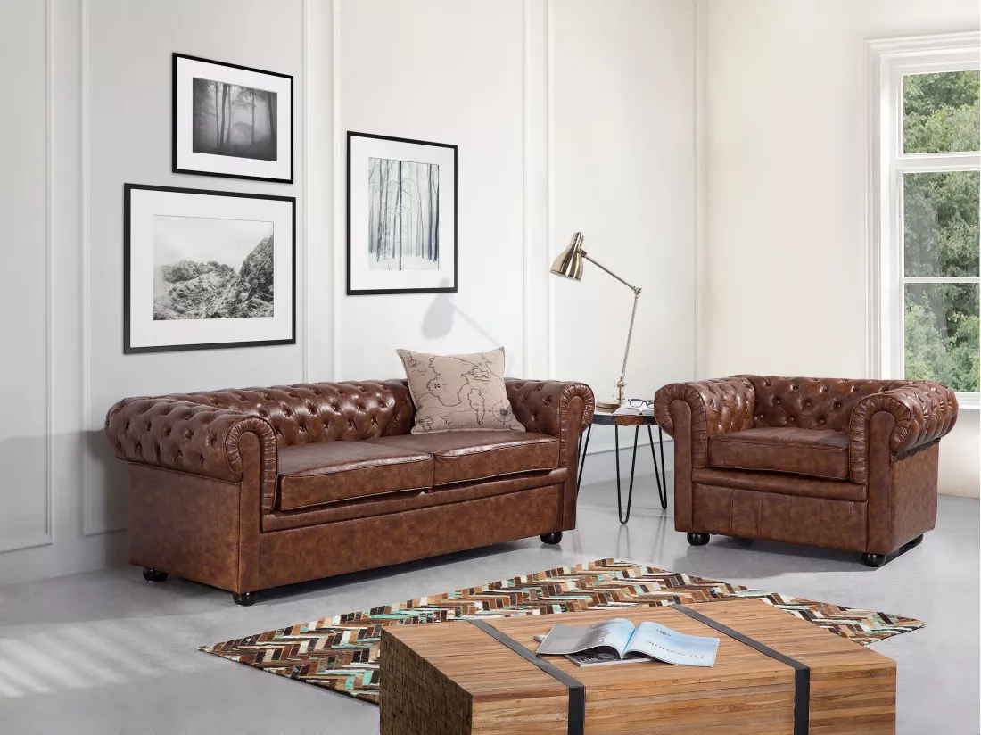 Canapé 3 places en cuir PU marron doré CHESTERFIELD