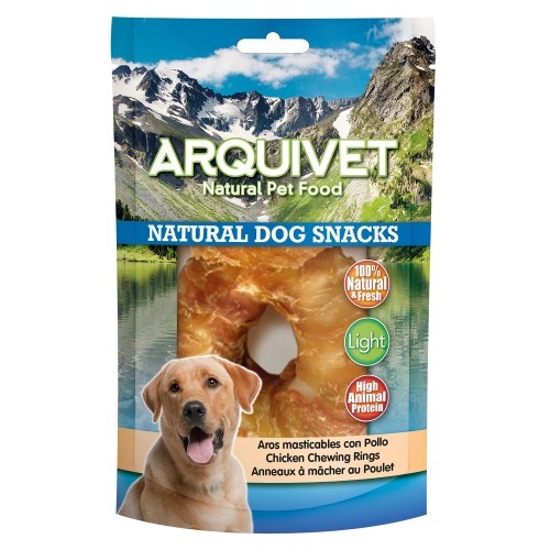 Petiscos mastigáveis Arquivet em formato de anéis para cães, sabor frango.