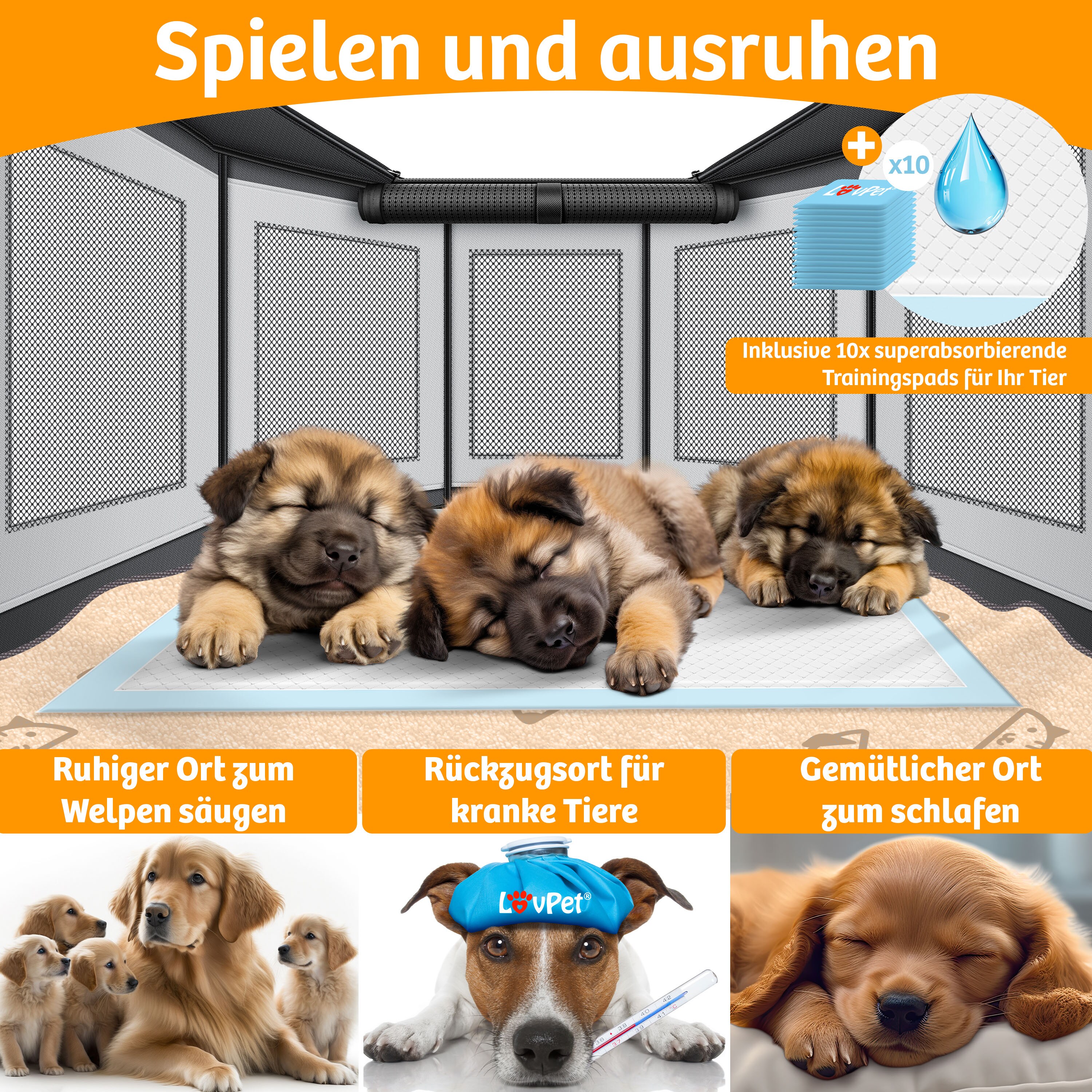 LOVPET® Welpenlaufstall für drinnen & draußen Welpenauslauf Hundekäfig Oxford-Gewebe | Tierlaufstall für Kleintiere Hunde Katzen | Hundelaufstall Freigehege Rahmen aus PVC-Rohren