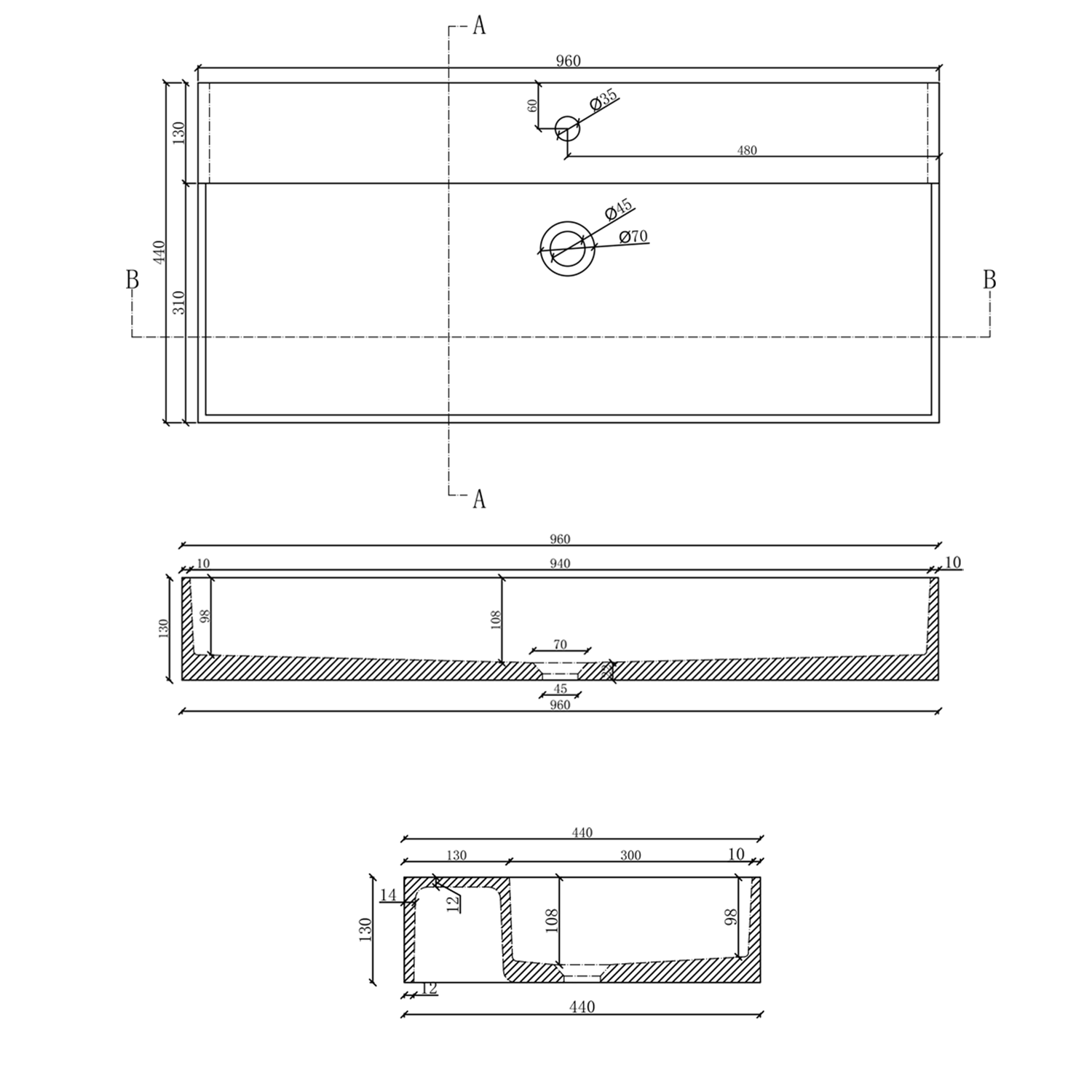 Sapho Quadrado betonnen wastafel 96x44cm zwart graniet met 2 kraangaten