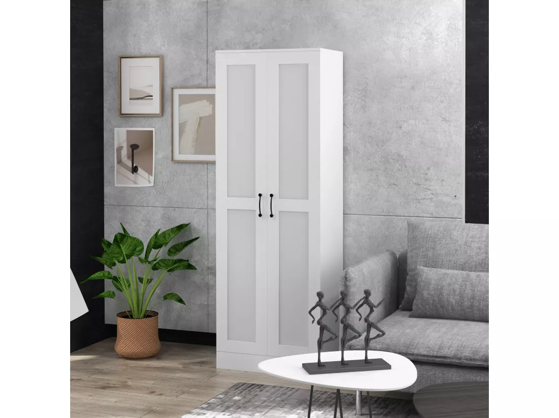 Armoire 2 portes 4 étagères dim. 60L x 36,5l x 175H cm poignées métal noir panneaux blanc