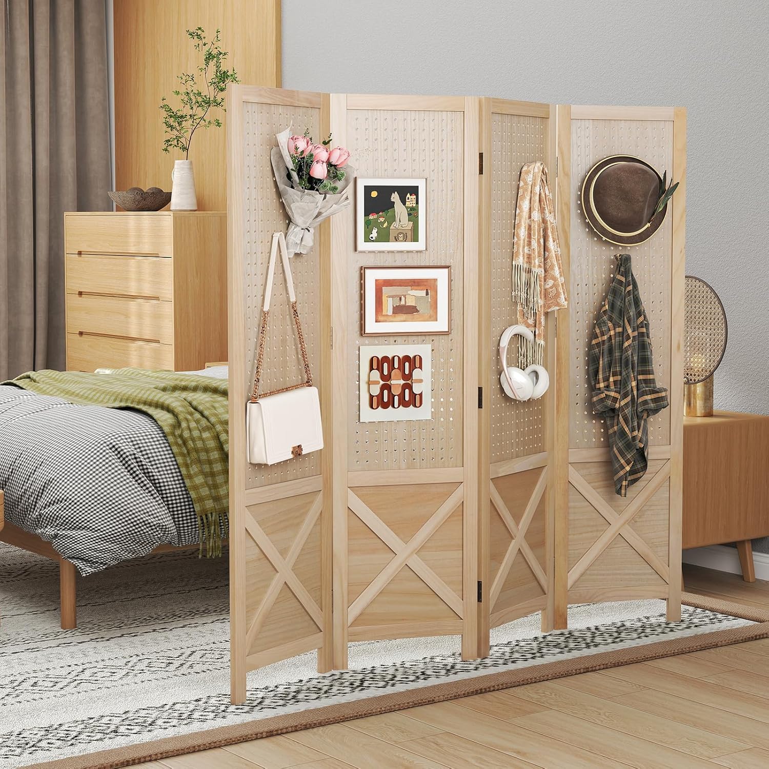 COSTWAY Paravent mit Stecktafel, 153,5 x 144 cm, Raumteiler klappbar, 4 teilige Trennwand Holzrahmen, Sichtschutz Innen Outdoor, dekorativ, Natur