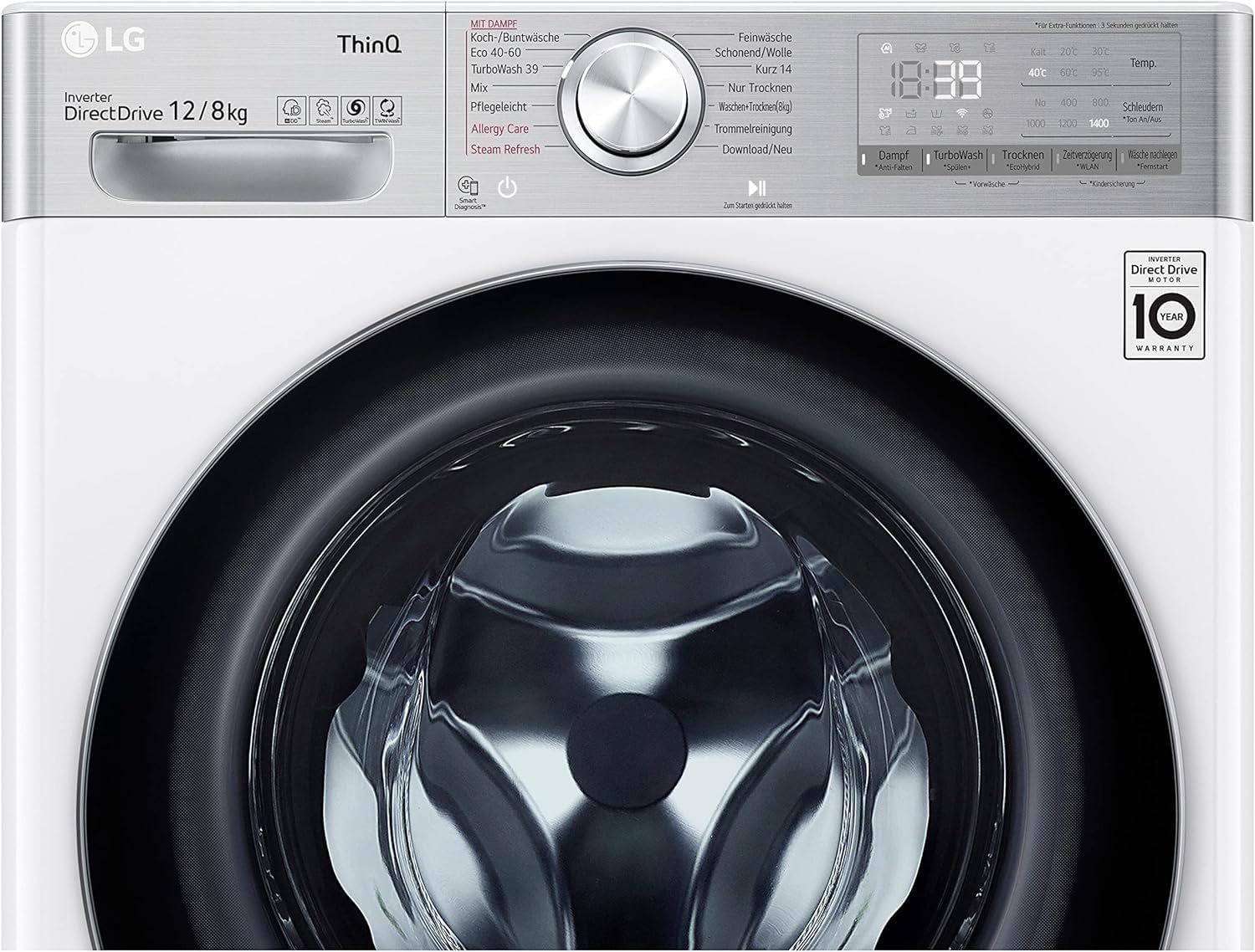 LG Electronics V9WD128H2 Waschtrockner mit AI DD | 12 kg Waschen | 8 kg Trocknen | 1400 U/min | Steam, Weiß