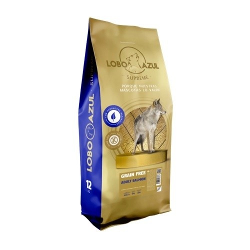 Ração Blue Wolf sem grãos com sabor de salmão para cães adultos de grande porte e gigantes.