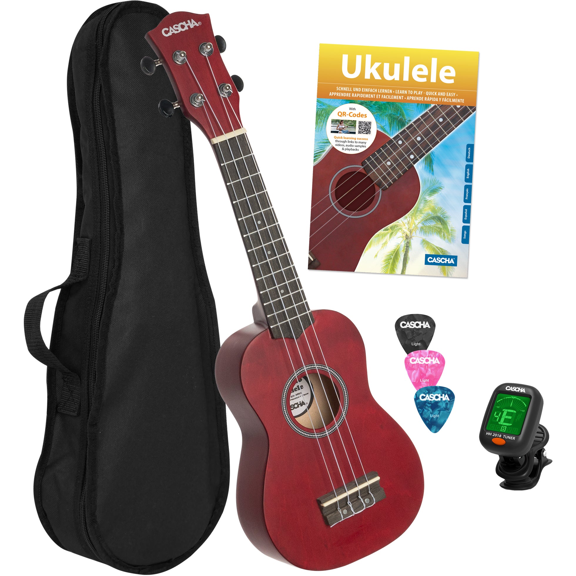 Cascha HH 3970 sopraan ukelele set rood (4-talig)