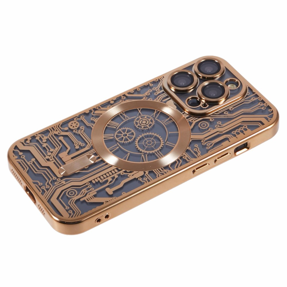iPhone 14 Pro MagSafe Gummi Case Hülle Galvanisierter Rahmen im Mechanischen Zahnrad Design   Kameraglasschutz - Gold