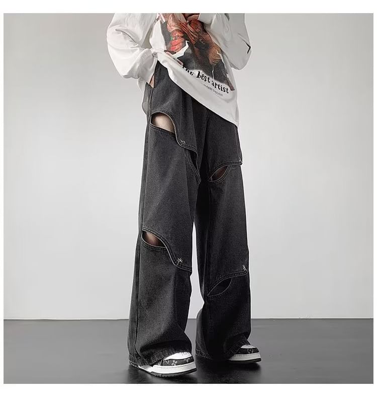 farrahces - Mid Rise Washed Cutout Panel Wide Leg Jeans