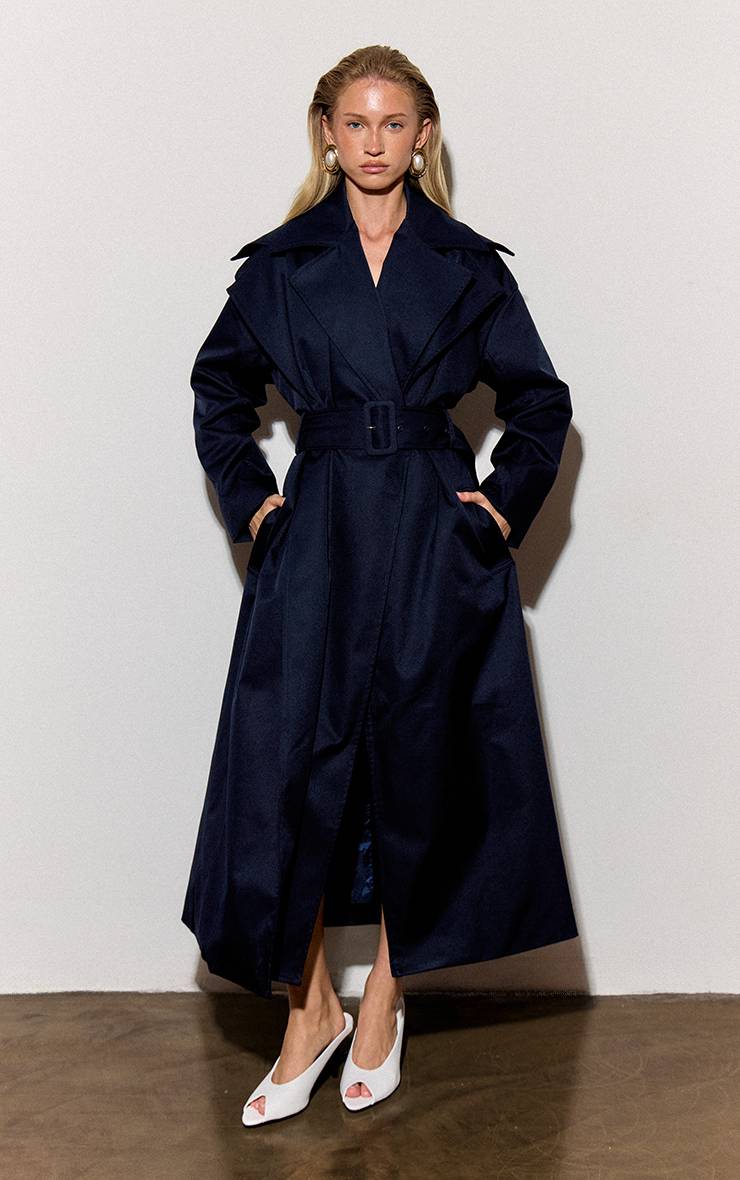 Bleu Marine Trench-coat À Double Col Avec Ceinture À Nouer À La Taille
