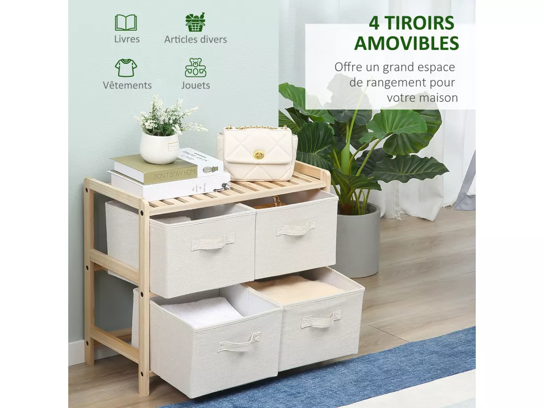Commode 4 tiroirs tissu polyester beige dim. 59L x 28l x 50H cm bois sapin