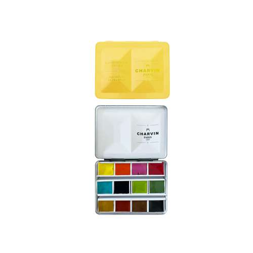 CHARVIN extrafeine Aquarellfarbe, 12 x 1/2 Näpf., Metallkasten