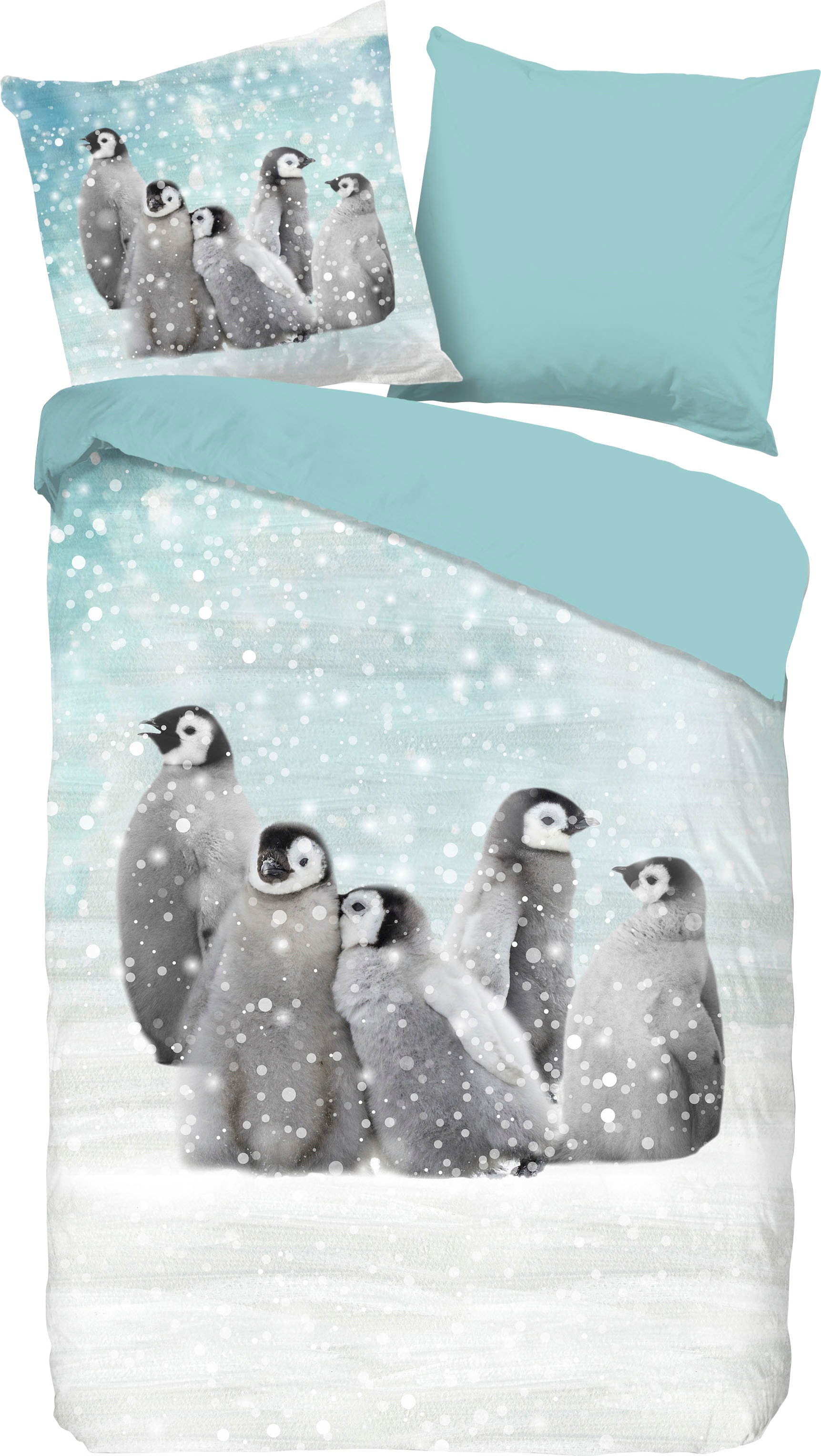 good morning Kinderbettwäsche »Pengu« 2 Stk. tlg. Biber, 135x200, Weich, Warm, Reissverschluss, Wendeoptik, Kind, Winter