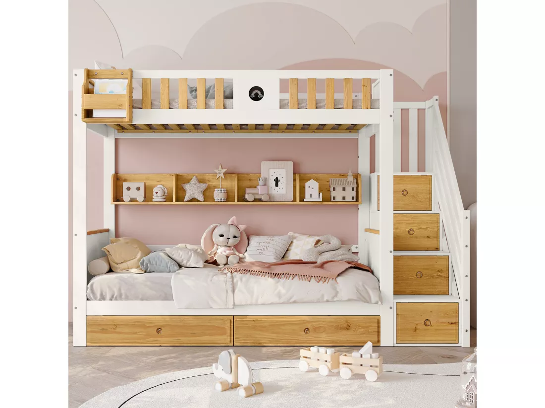 Lit superposé enfants 90x200cm en blanc + nature avec escalier, tableau noir, étagère et coffre, avec 4 casiers et 2 tiroirs