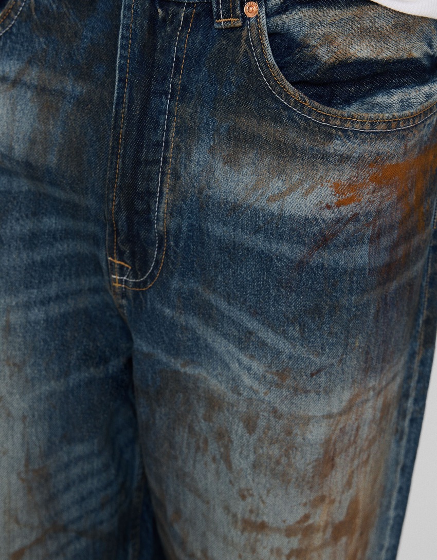 calças jeans estampadas super largas