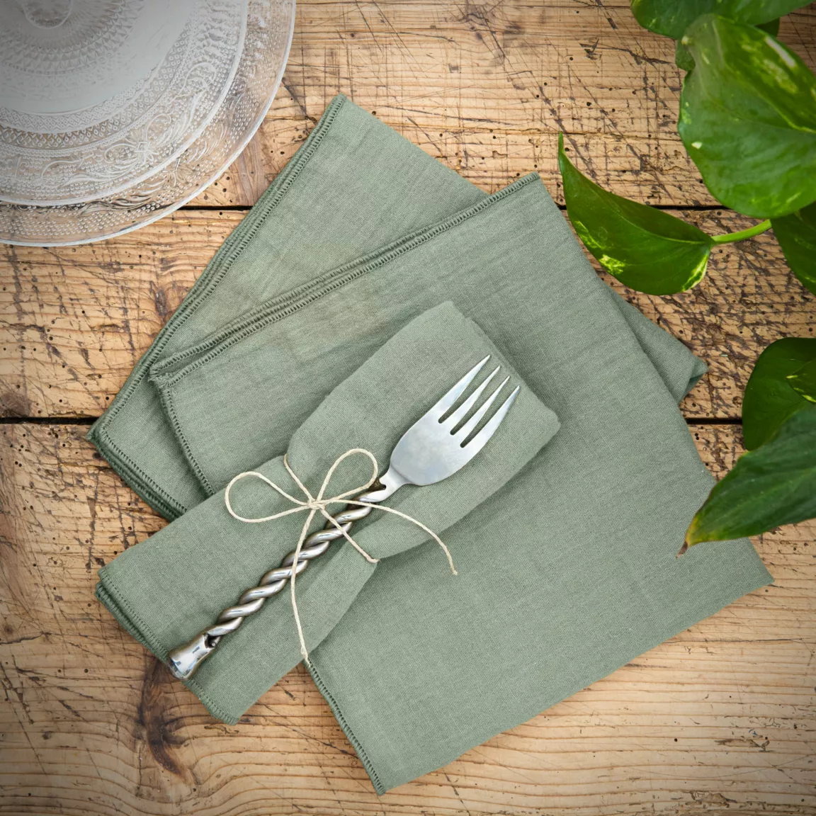 Lot de 3 serviettes gaze de coton (40 x 40 cm) Gaïa Vert eucalyptus